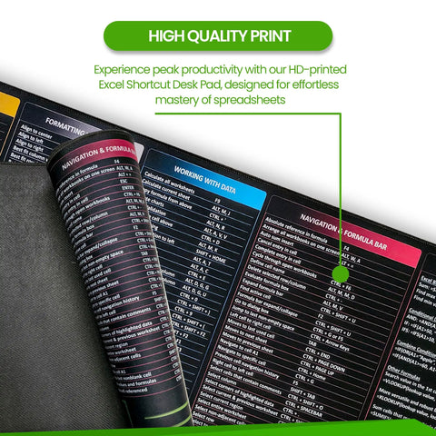 Close-up of the Giant XL Excel Desk Pad With Shortcut Keys Cheat Sheet Workhorse For Office Grippy Surface Waterproof Mouse Pad