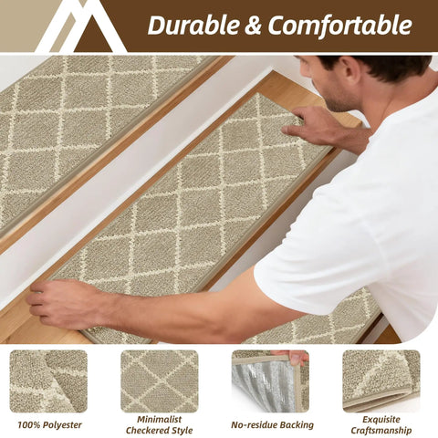 Person installing Non Slip Peel And Stick Stair Treads For Wooden Steps 9x28 Indoor Runners, grey polyester, TPE backing, no residue
