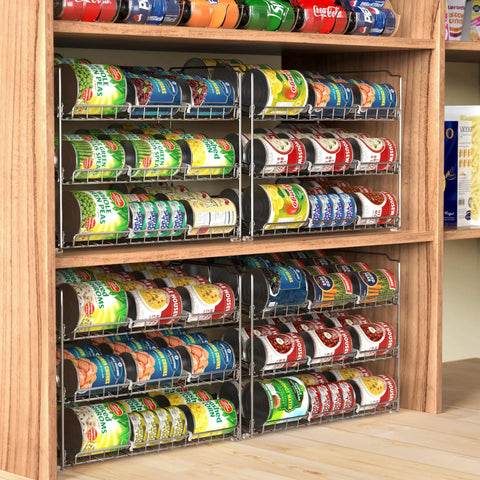 Solid As Rocks 3 Tier Stackable Can Organizer Rack Holds 36 Cans Chrome pantry storage with multiple cans in pantry.