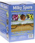 Milky Spore Powder 10oz For Lawns box showing Japanese beetle lifecycle and soil application graphic