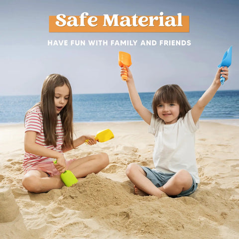 Children playing on the beach with colorful beach shovels for kids set of 4 durable plastic sandbox toys.