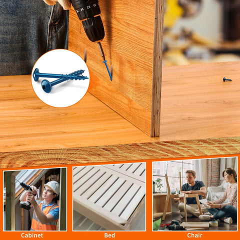 Pocket Hole Screws No 8 One And A Quarter Inch Blue Coated in action on wood panel, drill in use