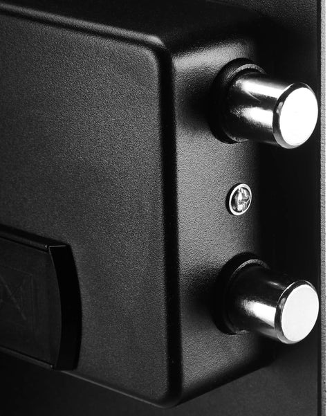 Close-up of lock bolts on Steel Home Security Safe With Electronic Keypad Lock For Docs And Valuables, 1.8 Cubic Feet, Black.