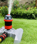 Six Pattern Rotary Sprinkler With Metal Base And Quiet Operation Adjustable Coverage From Five To Three Hundred Sixty Degrees Flow Through Design For Lawn Watering Quick Connect Starter Set Included on grass
