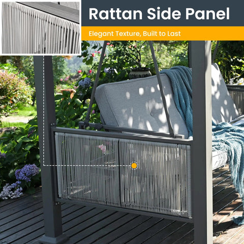 Rattan side panel detail on Three Seat Porch Swing With Stand And Cozy 990 LB Capacity 2 In 1 Convertible Bed And Swing Canopy Adjustable Outdoor Wicker Side Panels Cushioned Patio Chair For Backyard Porch Garden Gray