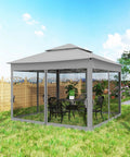 11 By 11 Pop Up Canopy With Screen Walls For Outdoor Use, showing gazebo tent setup in garden with table and chairs inside.