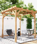 Outdoor view of 6.6 ft x 6.6 ft pergola with fir wood frame in dark brown, designed for gardens, patios, or decks, supporting climbing plants.