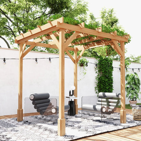 Outdoor view of 6.6 ft x 6.6 ft pergola with fir wood frame in dark brown, designed for gardens, patios, or decks, supporting climbing plants.