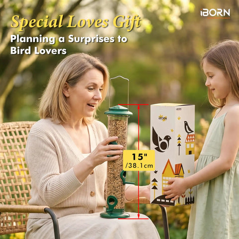 Woman holding Six Port Metal Bird Feeder With Heavy Duty All Metal Construction 15 Inch Hanging Seed Feeder For Mixed Seed Blends And Sunflower Hearts Green Finish Gift Box Included