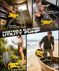 Cordless Water Transfer Pump With 9.6 GPM Flow, Dewalt 20V Battery Compatible in various uses: water removal, irrigation, camping.