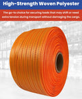 Built To Crush Heavy Loads 3/4 Inch X 1650 Foot Woven Polyester Strapping Cord, orange roll for securing heavy loads.