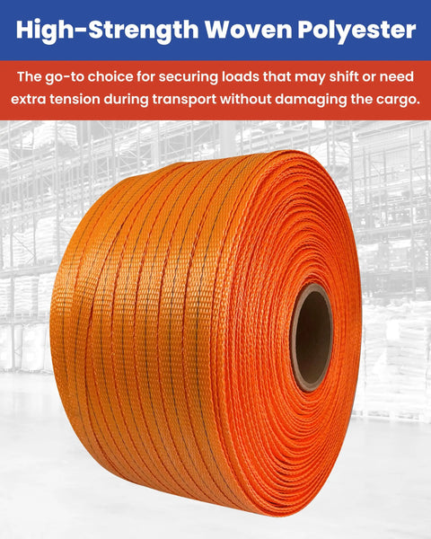 Built To Crush Heavy Loads 3/4 Inch X 1650 Foot Woven Polyester Strapping Cord, orange roll for securing heavy loads.
