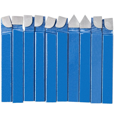 PNBO 1/4in carbide-tipped lathe cutter bits set, 10 pieces with blue bodies.