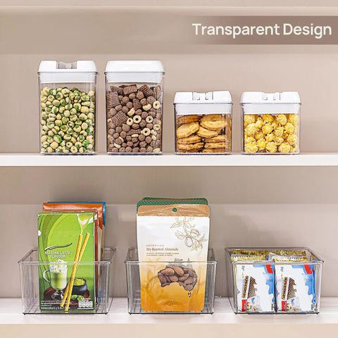 8 Pack Clear Food Storage Organizer Bins For Pantry Kitchen Fridge And Cabinets With 4 Compartment Holders For Packets Snacks