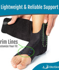 Person wearing AFTR Ankle Compression Brace Snug Fit For Sprained Ankles And Post Injury Support with trim lines for custom fit.
