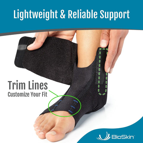 Person wearing AFTR Ankle Compression Brace Snug Fit For Sprained Ankles And Post Injury Support with trim lines for custom fit.