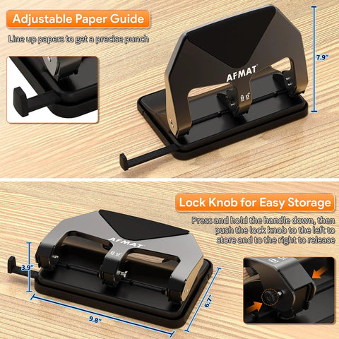 Heavy Duty Three Hole Punch 50 Sheet Capacity With 50 Percent Less Effort Labor Saving Lever No Fuss Large Chip Tray Adjustable Paper Guide Metal Office Punch For Binders HP20 Black displayed on a wooden surface