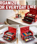 Mini Toolbox With Two Drawers And Top Storage In Durable Steel Smooth Glide Ball Bearing Slides Portable Tool Box Organizer For Garage Workshop School Or Office Use In Red showing open drawers with items.