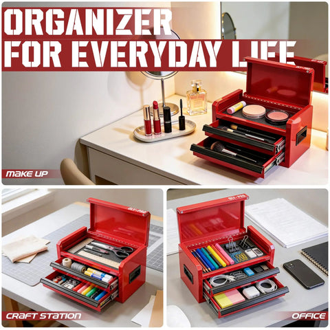 Mini Toolbox With Two Drawers And Top Storage In Durable Steel Smooth Glide Ball Bearing Slides Portable Tool Box Organizer For Garage Workshop School Or Office Use In Red showing open drawers with items.