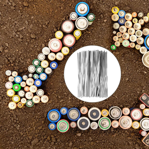 Top Tier Nickel Strip Welding Supply For Battery Spot Welding Tasks Comes In 100 Grams Pack with assorted batteries on dirt background.
