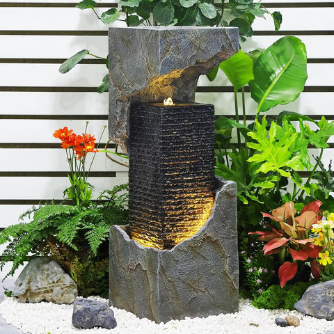 35.4 Inch Tall Indoor Outdoor Dope Waterfall Fountain With LED Lights amid garden decor