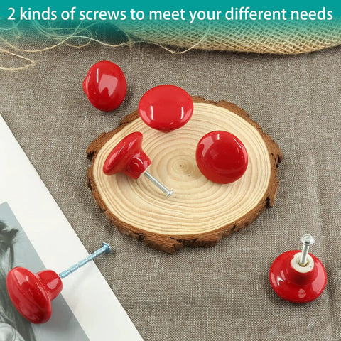 Upgrade Your Home With Fresh Red Ceramic Cabinet Knobs One Point Five Inches Wide displayed on wood with two types of screws.
