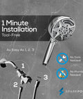 5 Inch 9 Mode Handheld Shower Head With High Pressure Jet On Off Pause Button Waterfall Setting Rain Mist And Massage Modes Premium ABS Removable Hose Gold Finish on marble background
