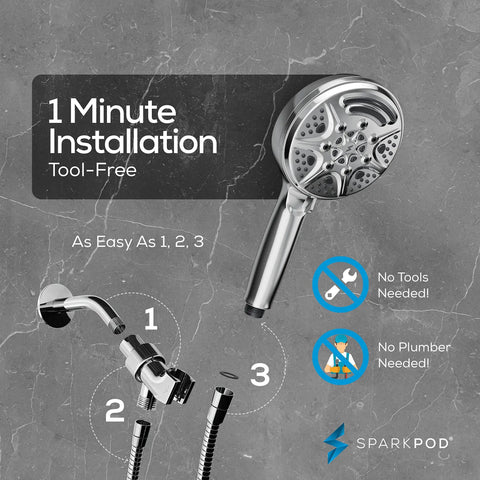 5 Inch 9 Mode Handheld Shower Head With High Pressure Jet On Off Pause Button Waterfall Setting Rain Mist And Massage Modes Premium ABS Removable Hose Gold Finish on marble background