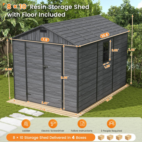 Outdoor Resin Storage Shed 8x10 Feet With Floor Durable Sturdy Plastic Garden Tool Shed For Bike And Gear Lockable Door Big Backyard Patio Storage Dark Gray
