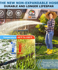 Front view: KETTOYA non-expanding garden hose, 100 ft, spray nozzle, in backyard