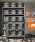 Heavy Duty Metal Shelving Rack With Five Adjustable Levels For A Tough Garage Storage Setup And Workshop Organization Delivers A Solid Workhorse Three Thousand Two Hundred Pound Load Rating holding tires on five shelves in a garage.