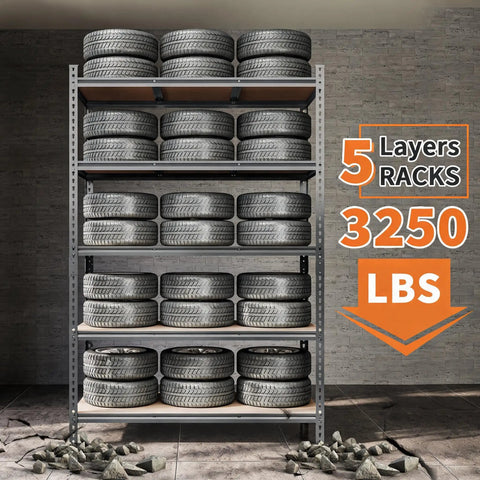 Heavy Duty Metal Shelving Rack With Five Adjustable Levels For A Tough Garage Storage Setup And Workshop Organization Delivers A Solid Workhorse Three Thousand Two Hundred Pound Load Rating holding tires on five shelves in a garage.