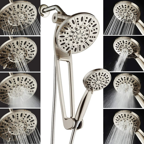 Crazy High Pressure Shower Spa Combo with 48 Modes Three Way Showerheads, brushed nickel finish, water flow variety