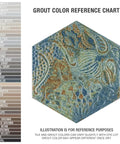 Gaudi React Hex Ocean Porcelain Tile For Floor And Wall High Sheen Glazed Finish Grade 1 First Quality PEI IV Rated 8.63 In By 9.88 In 0.41 In Thick Indoor Use Hex Tile With Subtle Color Variation 11.5 Sq Ft Per Case 25 Pieces illustration with color reference chart