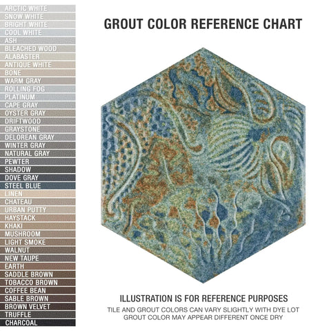 Gaudi React Hex Ocean Porcelain Tile For Floor And Wall High Sheen Glazed Finish Grade 1 First Quality PEI IV Rated 8.63 In By 9.88 In 0.41 In Thick Indoor Use Hex Tile With Subtle Color Variation 11.5 Sq Ft Per Case 25 Pieces illustration with color reference chart