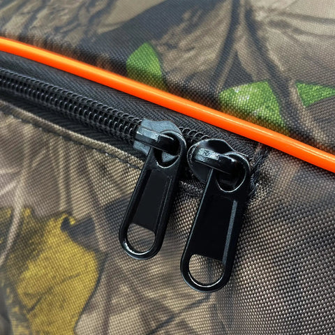 Close-up of zippers on Rugged Crossbow Case With Backpack Straps For Hunting, Universal Soft Crossbow Bag 37 Inch, 600D Nylon Exterior