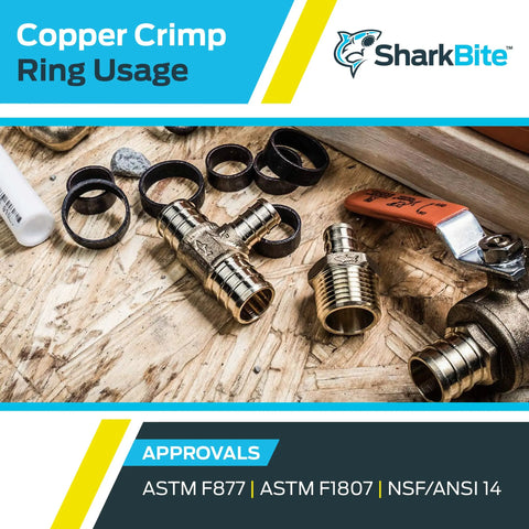 Half Inch Copper Crimp Rings For PEX And PE-RT Pipe Pack Of 25 Brass Crimp Fittings With A Watertight Seal Without Soldering Ideal For Home Plumbing And DIY Water Lines shown on a workbench with tools