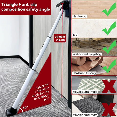 Side view of AceMining white door security bar, adjustable up to 110 cm (43.3 in) with rubber feet.