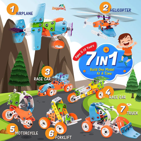 7 In 1 Mechanical Building Kit For Kids Aged 7 To 12, 171 Piece Construction Set With Bonus Model And 25 Spare Parts, Build 7 Cars And More For Hands On Engineering Fun, The Ultimate Birthday Gift. 7-in-1 models: airplane, helicopter and race cars
