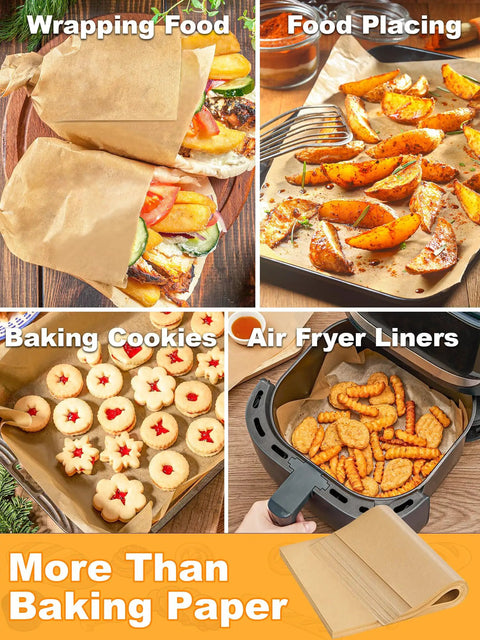 Collage of precut parchment paper sheets 200 pack unbleached nonstick baking sheets 16x24 inches for no fuss baking grilling air frying
