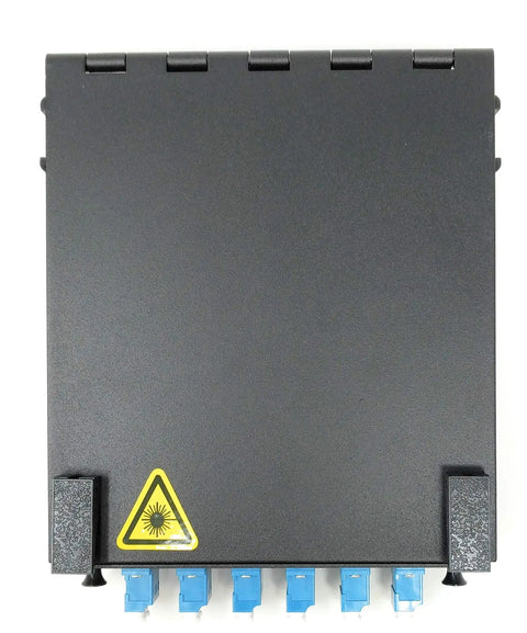 Top view of Wall Mount Fiber Enclosure with Spool And Loaded 6 Port LC-UPC Singlemode Duplex LGX Panel for space saving management.