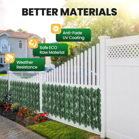 White fence with 120x40 Inch Artificial Ivy Privacy Fence Screen With Faux Greenery Panels on patio, showcasing anti-fade UV coating.