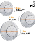 Three Pack 18/8 Stainless Steel Colander Sieves Set With Handy Handles And Resting Base For No Fuss Straining Draining Rinsing Or Steaming In 5 Quart 4 Quart And 3 Quart Sizes, showing three different sized colanders with dimensions.