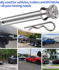 Stainless Steel Five Eighth Inch Hitch Pin And Lock Clip For Two Inch And Two Point Five Inch Receiver Hitches, installed on vehicles.