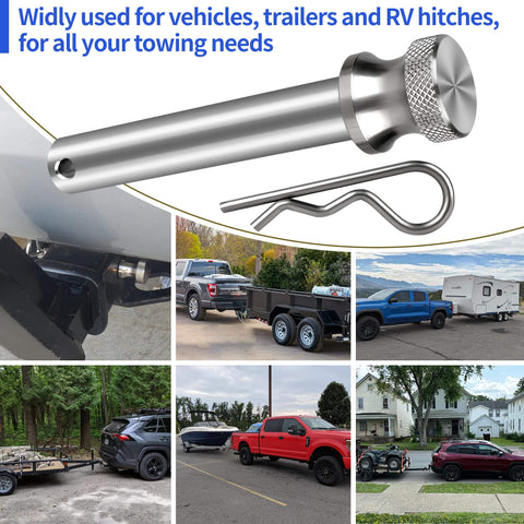 Stainless Steel Five Eighth Inch Hitch Pin And Lock Clip For Two Inch And Two Point Five Inch Receiver Hitches, installed on vehicles.