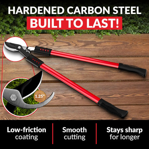 Bypass Lopper 28 Inch Tree Trimmer With 1.25 Inch Clean Cut Capacity on wooden surface, carbon steel blades, red handles