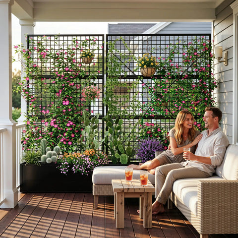 Metal Raised Garden Bed With Built In Trellis And Privacy Screen For Patio 71 Inch By 47.2 Inch By 16 Inch Drainage Holes