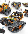 Five In One STEM Remote Control Building Kit With 392 Pieces for Kids Ages 6-12 showing assembled tank and robot models.