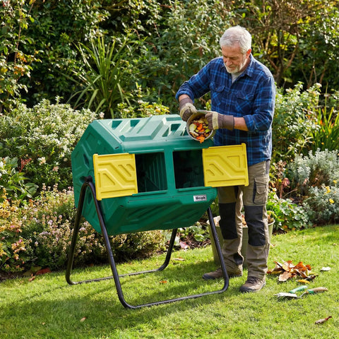 Man using 43 Gallon Dual Chamber Compost Tumbler With Gloves, Fast Assembly And Easy Setup For Outdoor Use, Garden Kitchen Yard Bin Green.