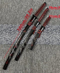 Red 3 Piece Samurai Sword Set With Display Stand Katana Collection Decorative Swords For Home Display And Collecting Short Medium And Long Blades With Elegant Black And Red Accents Perfect For Wall Mount Or Display Rack showing all three sword sizes on grey and patterned background.